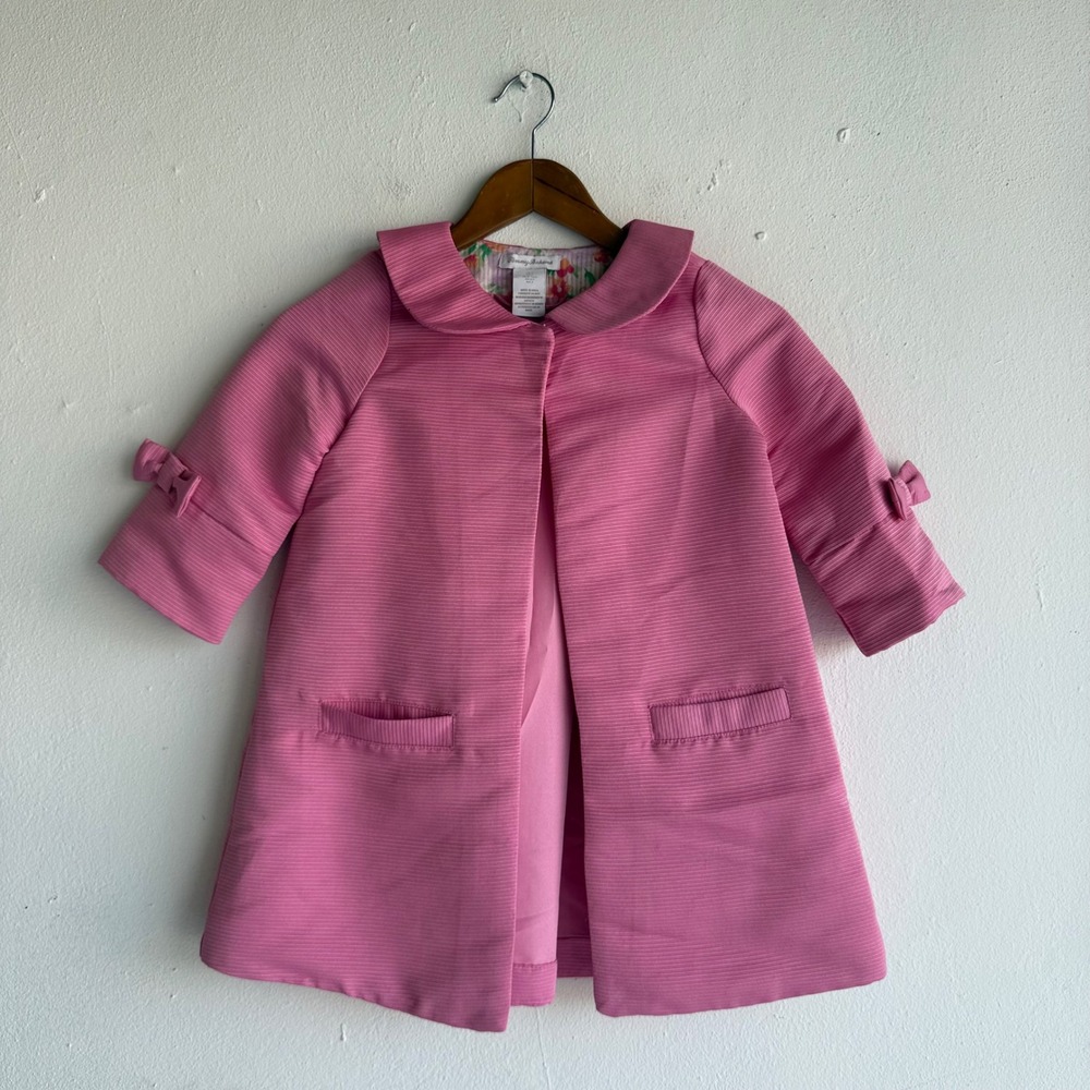 Tommy Bahama Girls Size 7 Pink Ribbed Bow Sleeve Swing Coat Peter Pan Collar